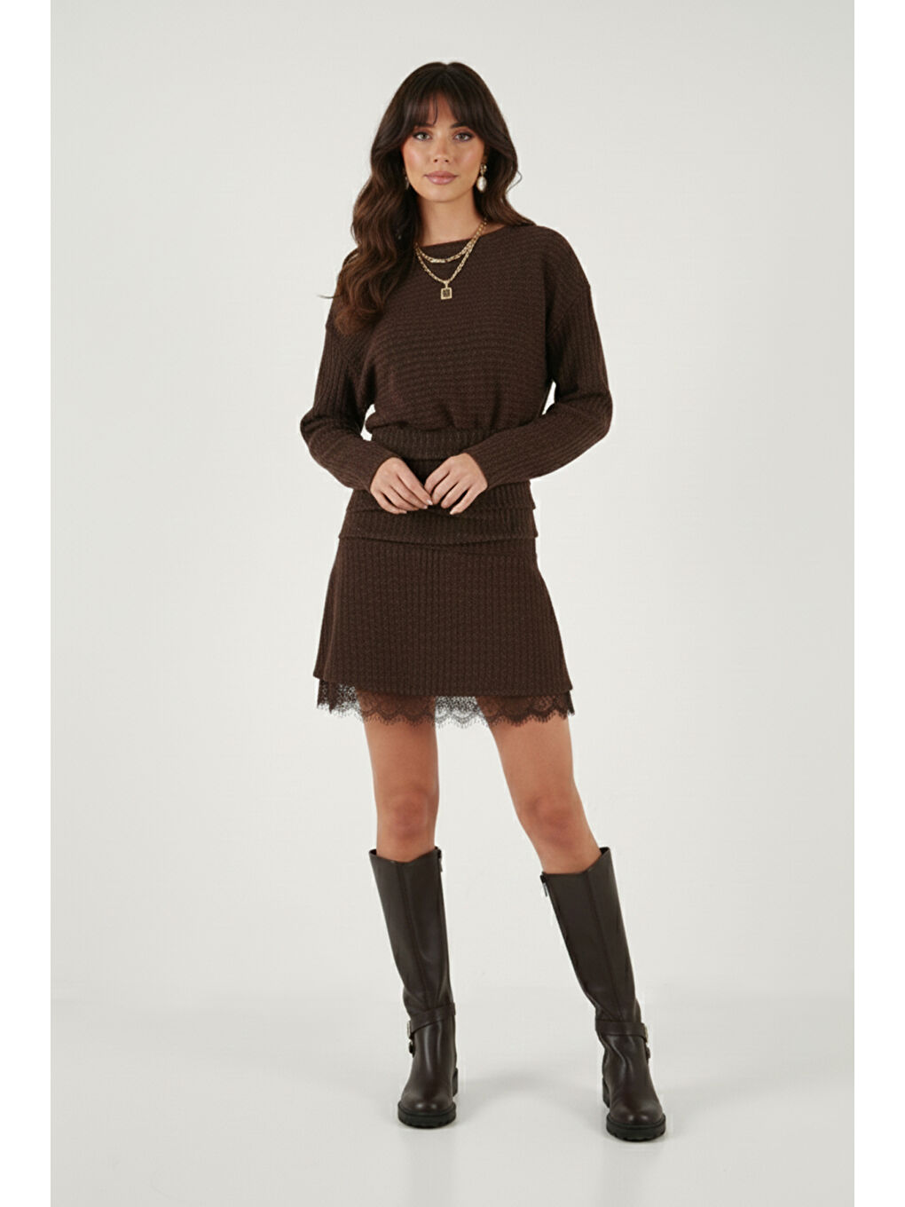 Kahverengi Regular Fit Kayık Yaka Dantel Detaylı Mini Boy Kadın Triko Elbise 59135527-3