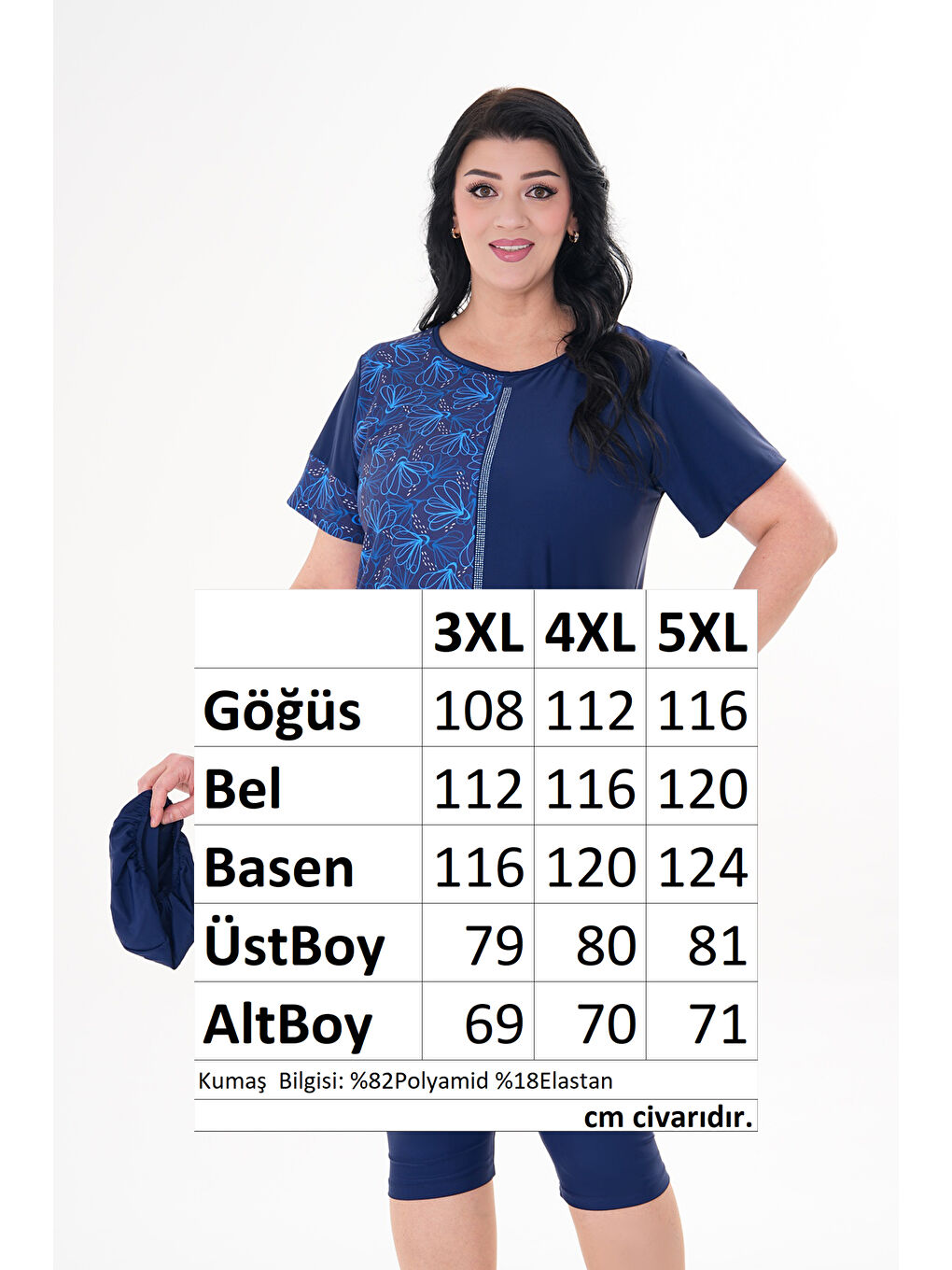 Büyük Beden Kısa Kol Yarı Kapalı Tesettür Mayo 2518 Grafiti Lacivert-2