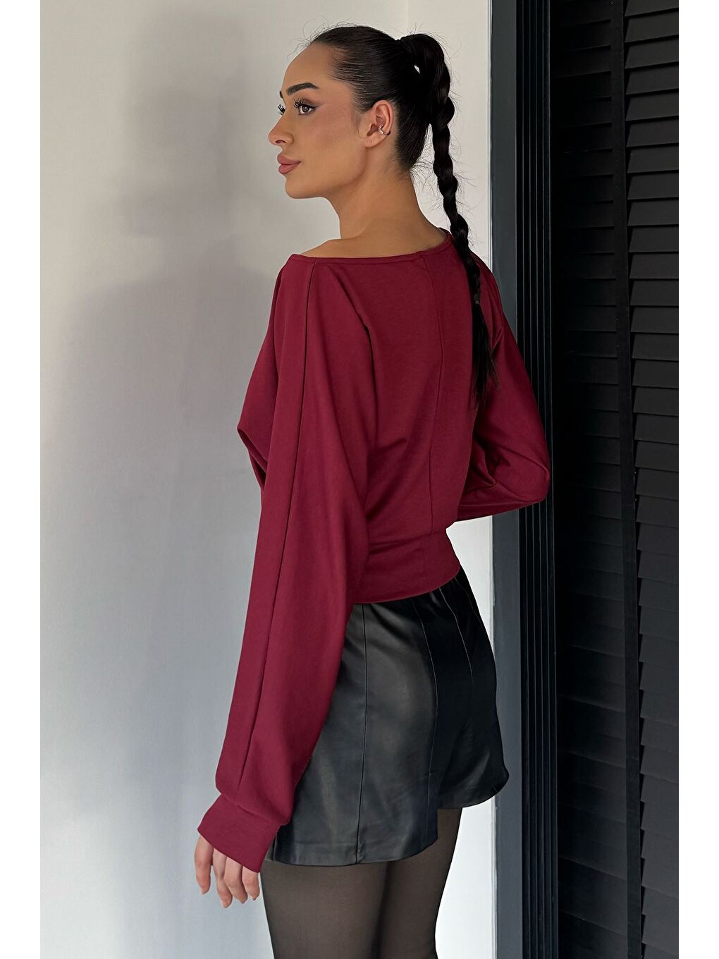 Bordo Kadın Yarasa Kol Bluz-3