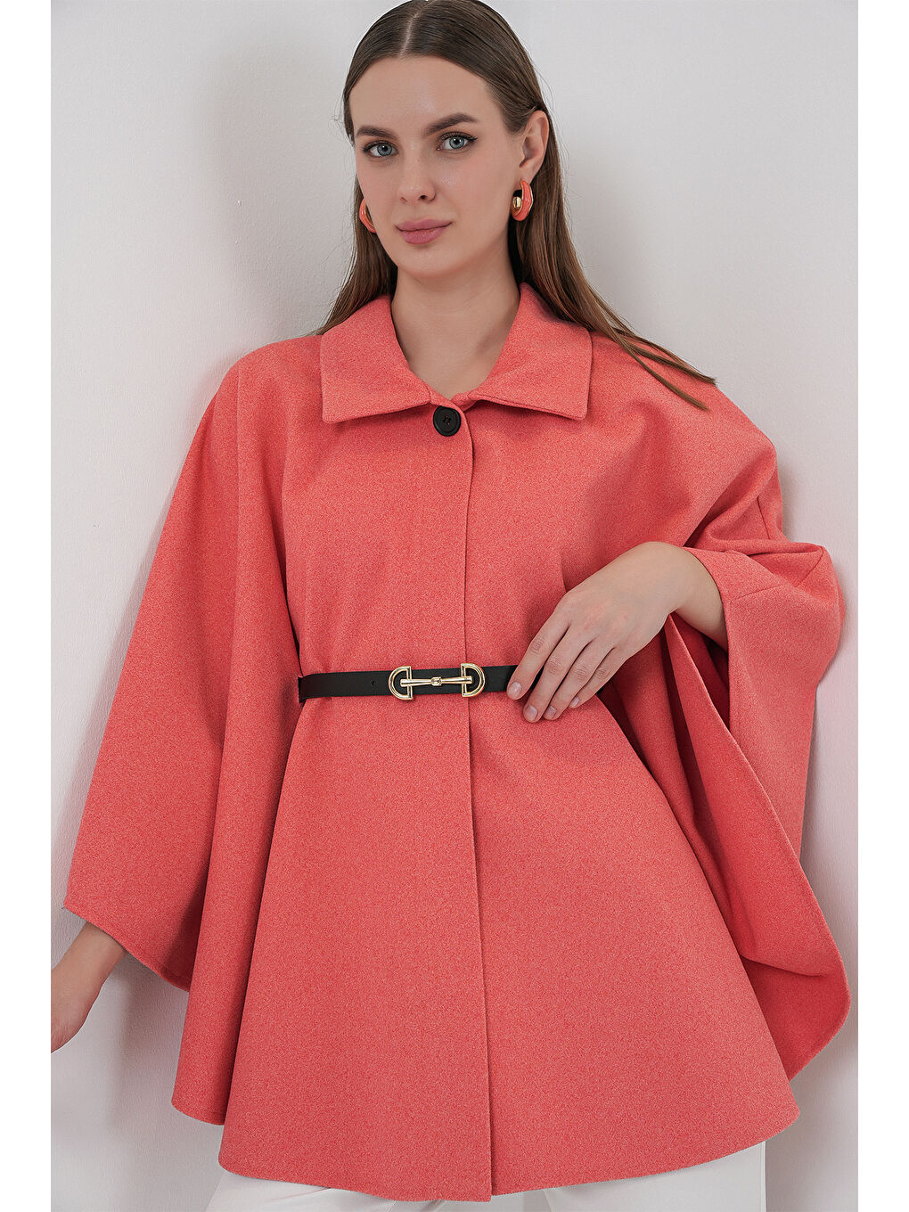 Pembe Kadın Kemerli Kaşe Panço 9170 - Somon-3