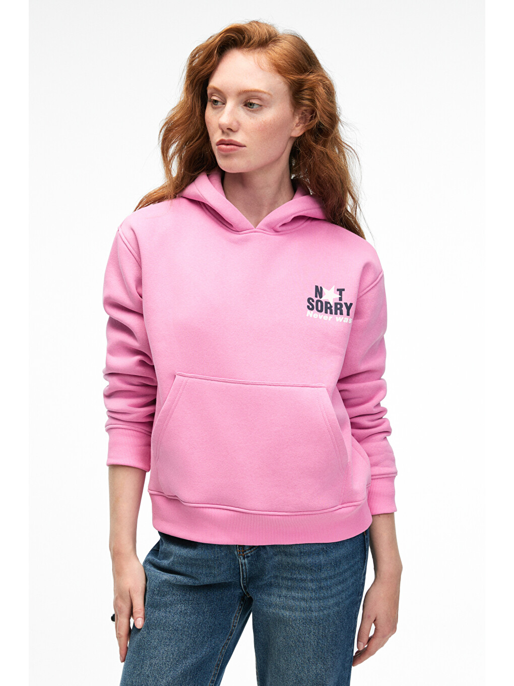 Yumea Kadın Oversize Kapüşonlu Baskılı Pembe Sweatshirt-4