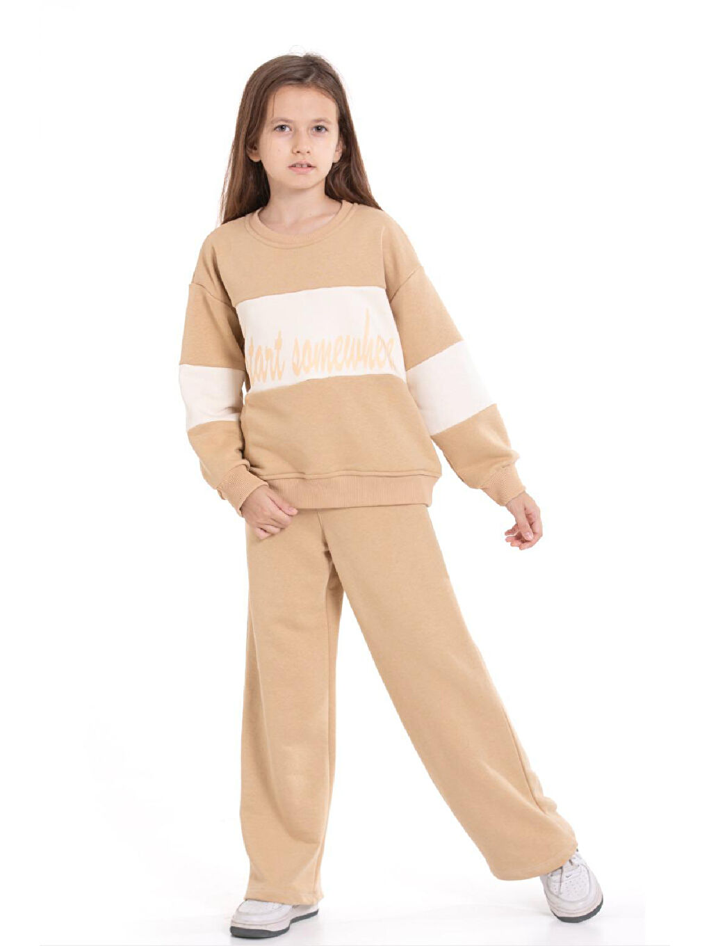 Ekru Kız Çocuk 3 İplik ve Şardonsuz Eşofman Takımı 5-9 Yaş 12487-2