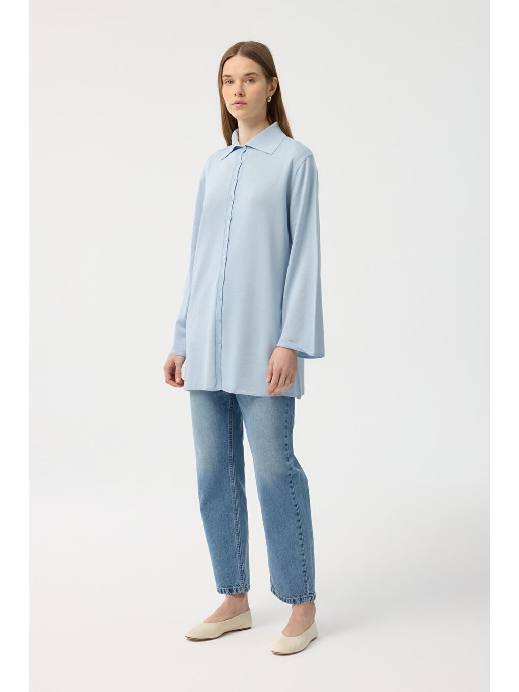 Düğmeli İnce Triko Hırka Mavi-1