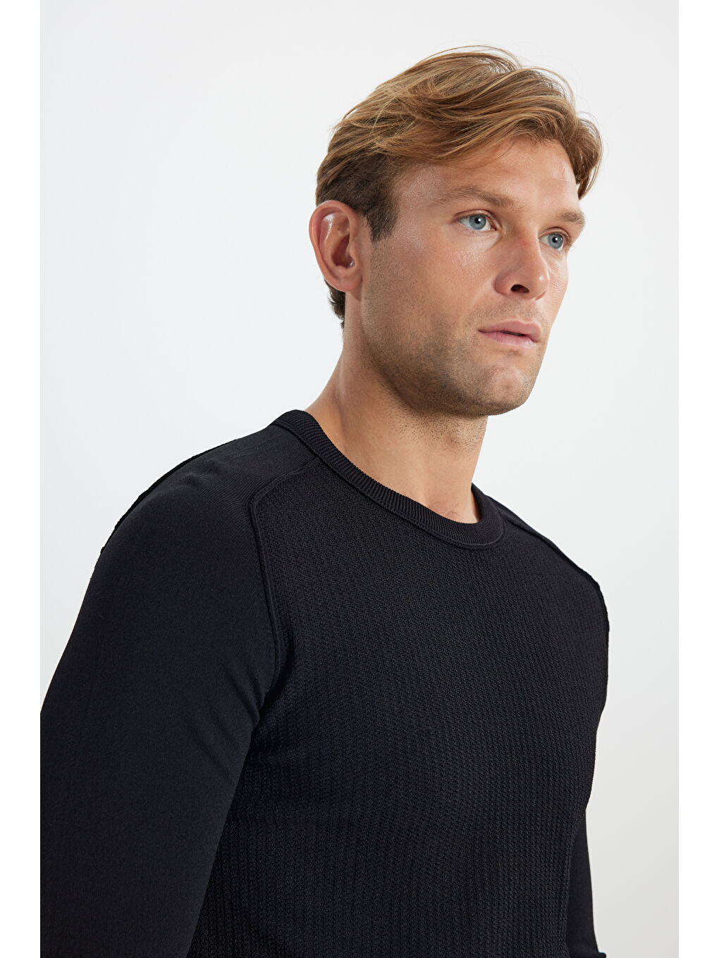 Erkek Siyah Standart Fit Normal Kesim Bisiklet Yaka Jakarlı Triko Kazak-3