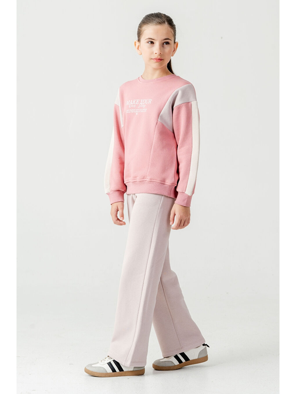 Pembe Kız Çocuk Make Your Baskılı 3 İplik Kalın Kışlık Eşofman Takımı Ak4227-2