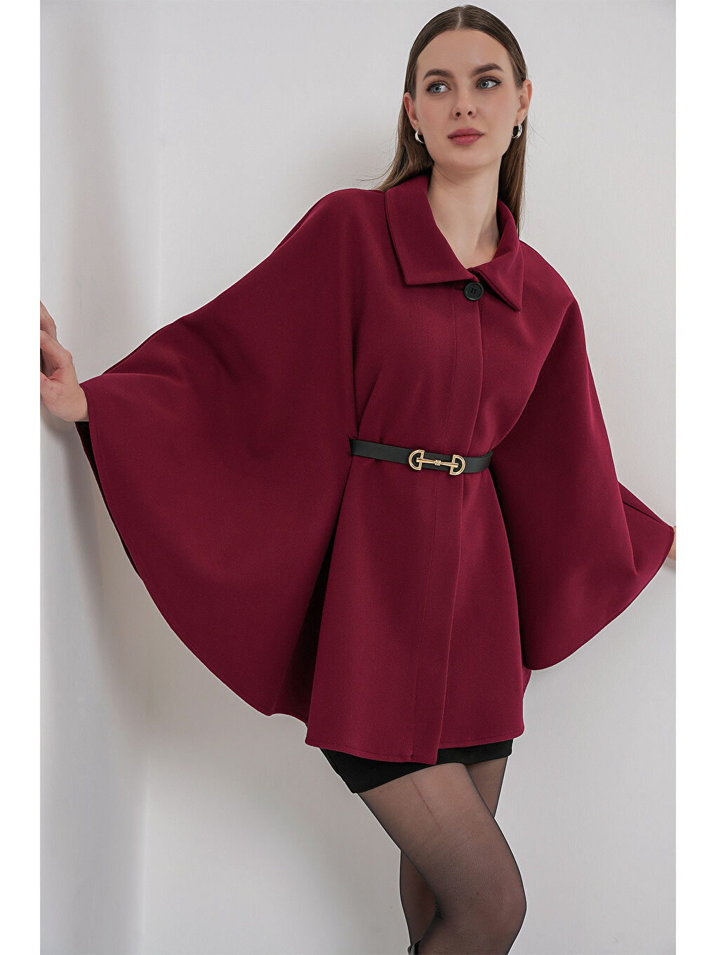 Kadın Kemerli Kaşe Panço 9170 - Bordo-1