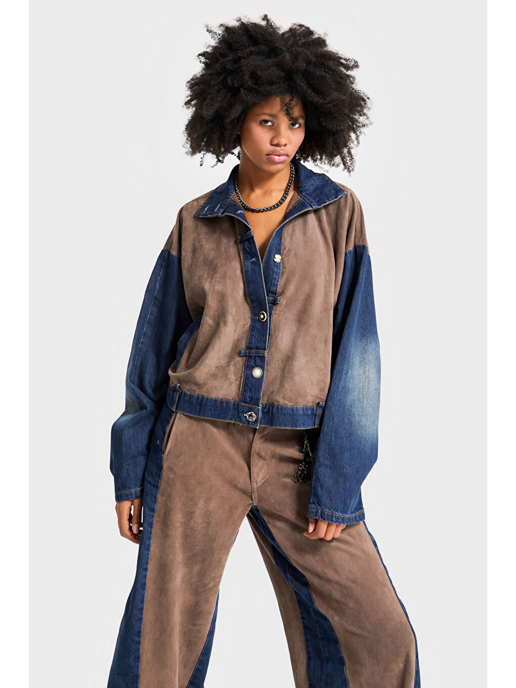 Kahverengi Kadın Kahve Jean Rengi Süet Denim Parçalı Özel Tasarım Denim Ceket-1