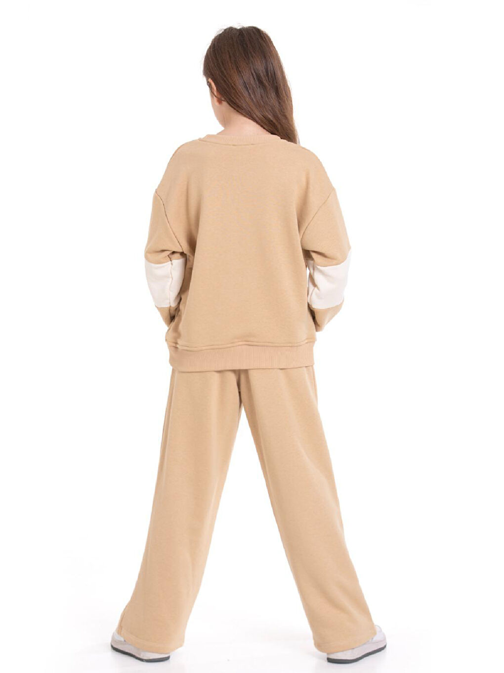 Ekru Kız Çocuk 3 İplik ve Şardonsuz Eşofman Takımı 5-9 Yaş 12487-3