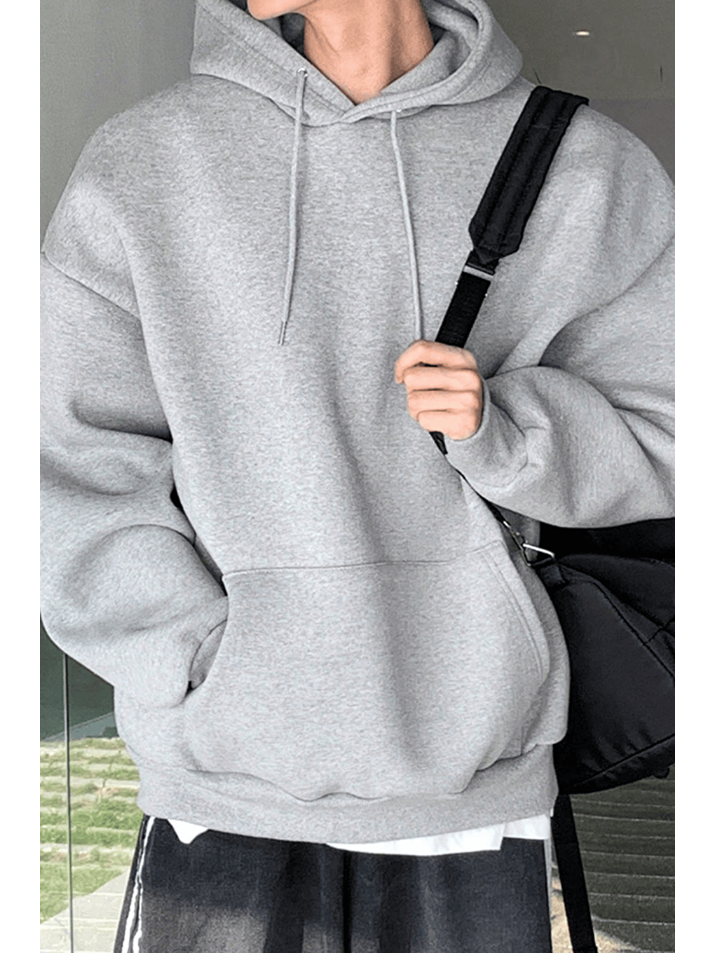 Gri Erkek Sweatshirt Kanguru Cepli İçi Polarlı 3 İplik Kapüşonlu Oversize Sweatshirt KANGU