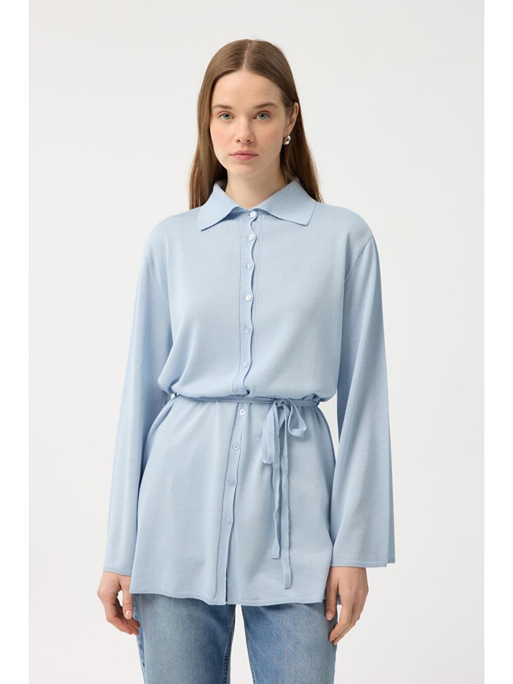 Düğmeli İnce Triko Hırka Mavi-2