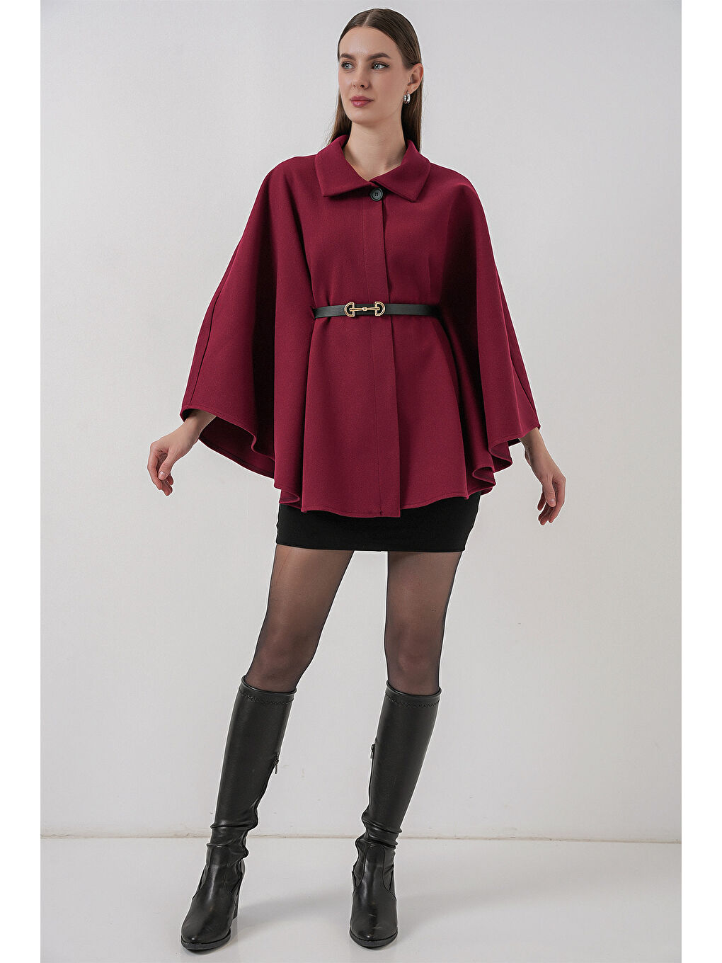 Kadın Kemerli Kaşe Panço 9170 - Bordo-2