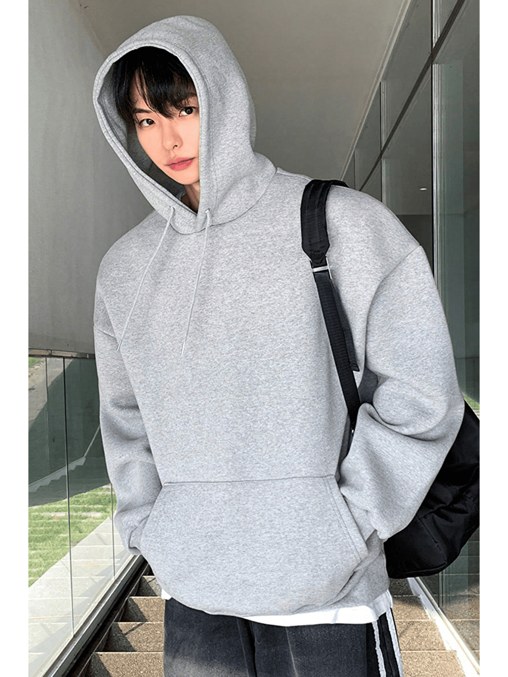 Gri Erkek Sweatshirt Kanguru Cepli İçi Polarlı 3 İplik Kapüşonlu Oversize Sweatshirt KANGU-1