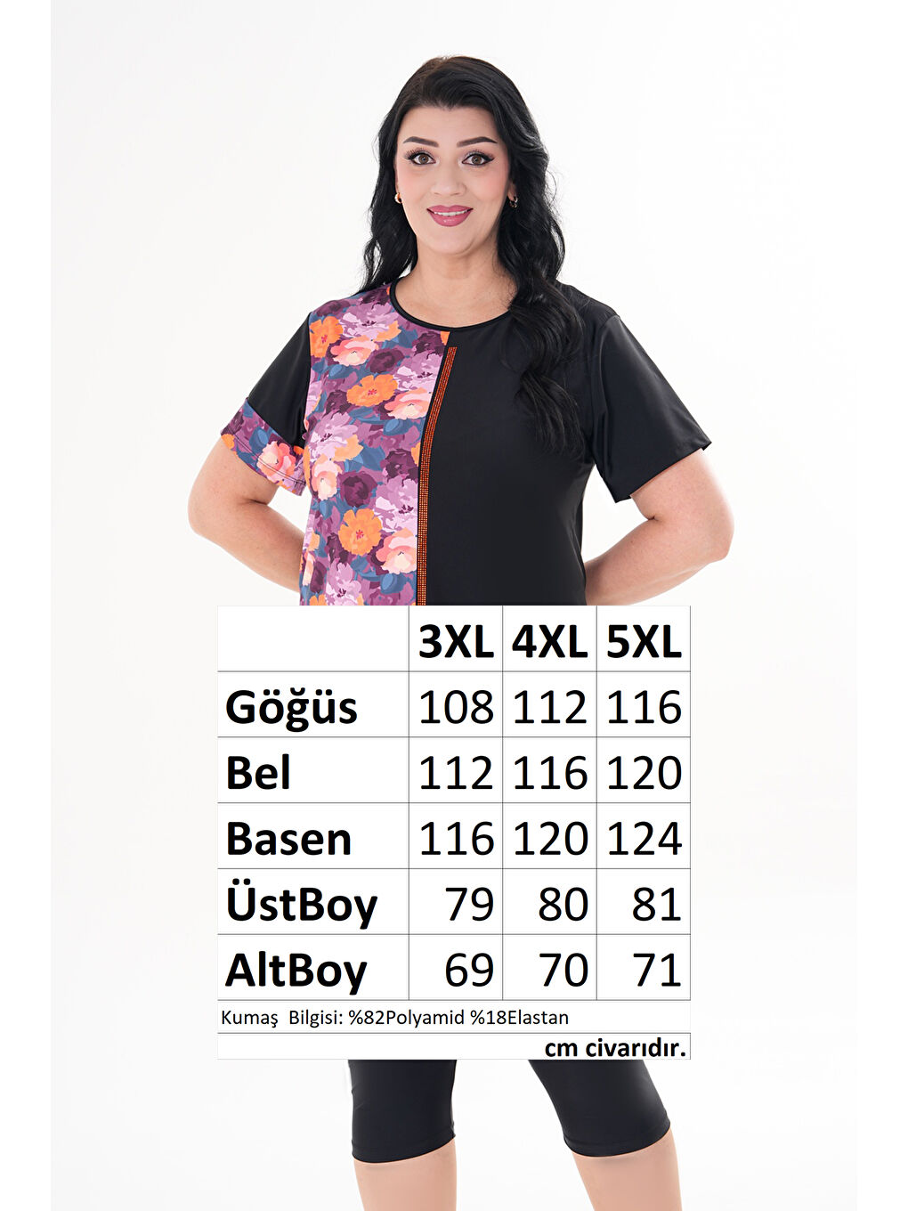 Büyük Beden Kısa Kol Yarı Kapalı Tesettür Mayo 2518 Grafiti Siyah-2