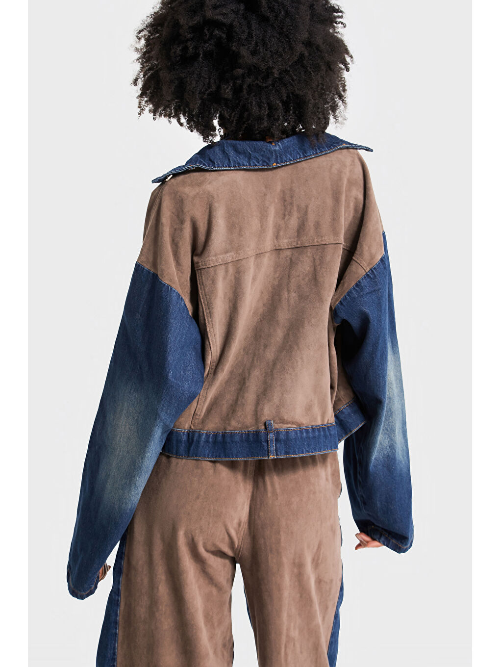 Kahverengi Kadın Kahve Jean Rengi Süet Denim Parçalı Özel Tasarım Denim Ceket-3