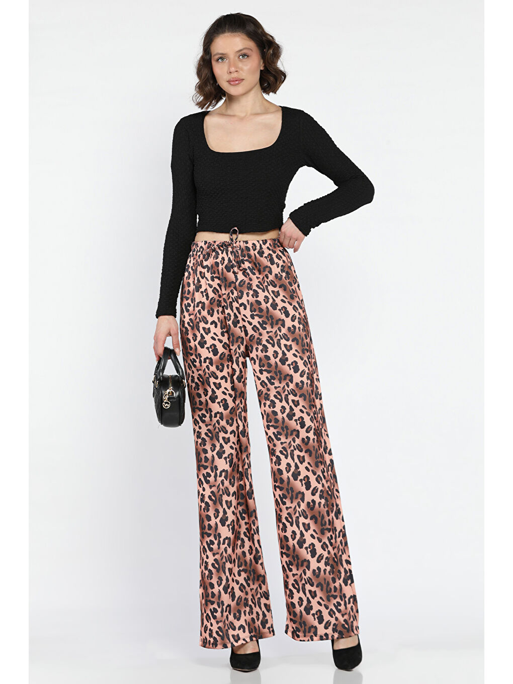 Pembe Kadın Bel Lastikli Yüksek Bel Leopar Desenli Bol Kesim Pantolon-1