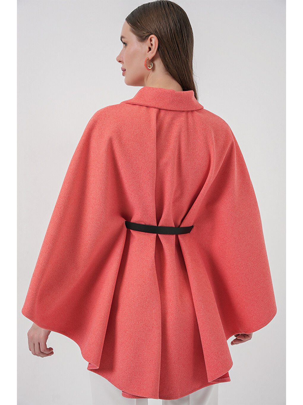 Pembe Kadın Kemerli Kaşe Panço 9170 - Somon-5