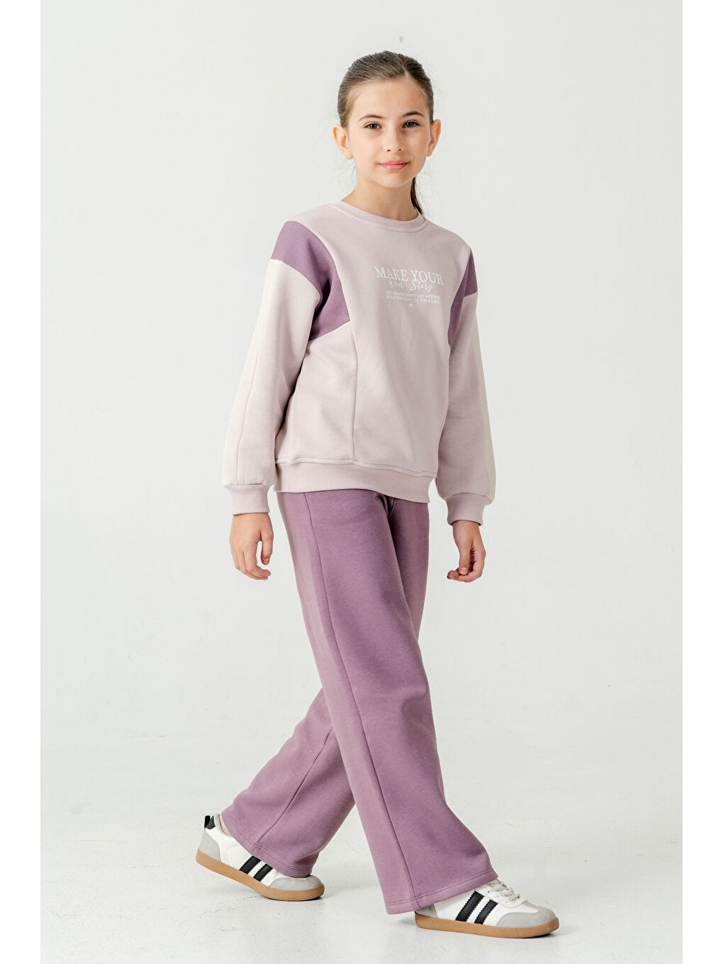 Mor Kız Çocuk Make Your Baskılı 3 İplik Kalın Kışlık Eşofman Takımı Ak4227-1