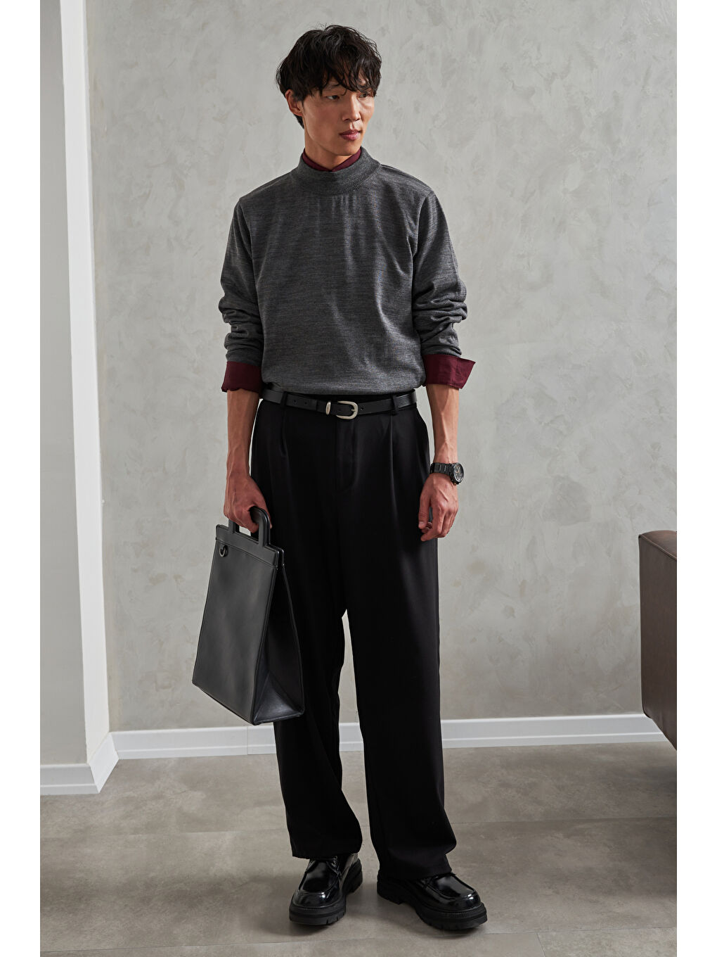 Antrasit Erkek Yarım Balıkçı Oversize Basıc Triko Kazak-3