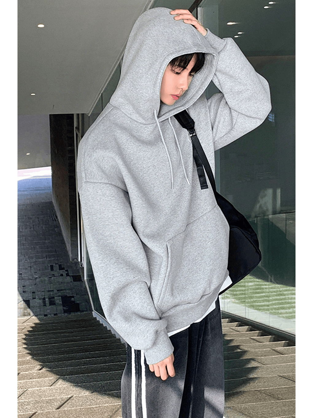 Gri Erkek Sweatshirt Kanguru Cepli İçi Polarlı 3 İplik Kapüşonlu Oversize Sweatshirt KANGU-3
