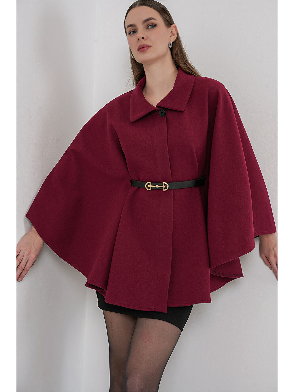 Kadın Kemerli Kaşe Panço 9170 - Bordo-3