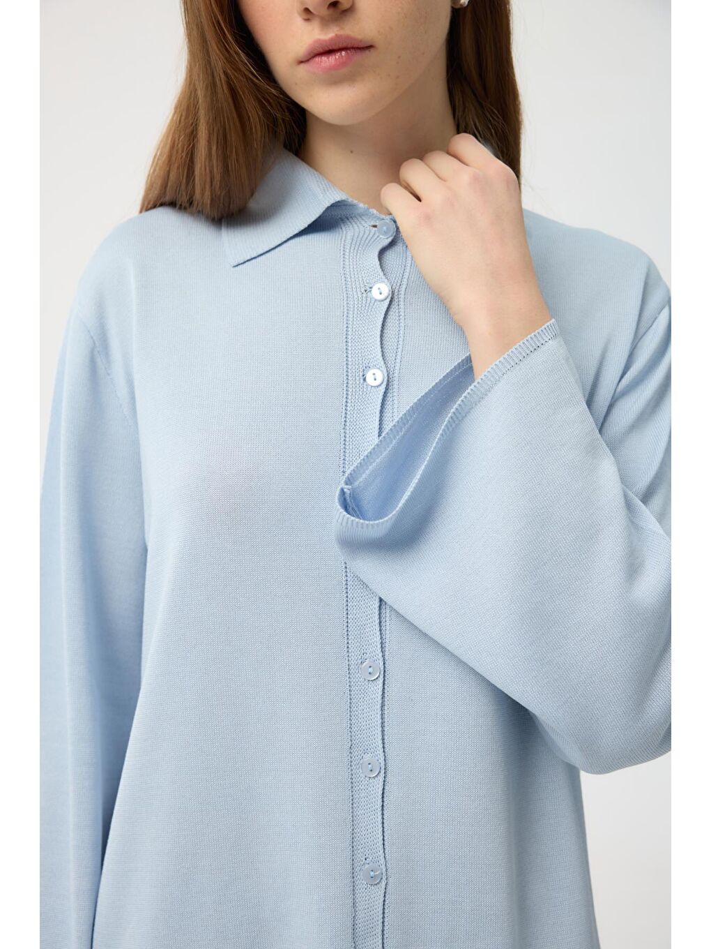 Düğmeli İnce Triko Hırka Mavi-4