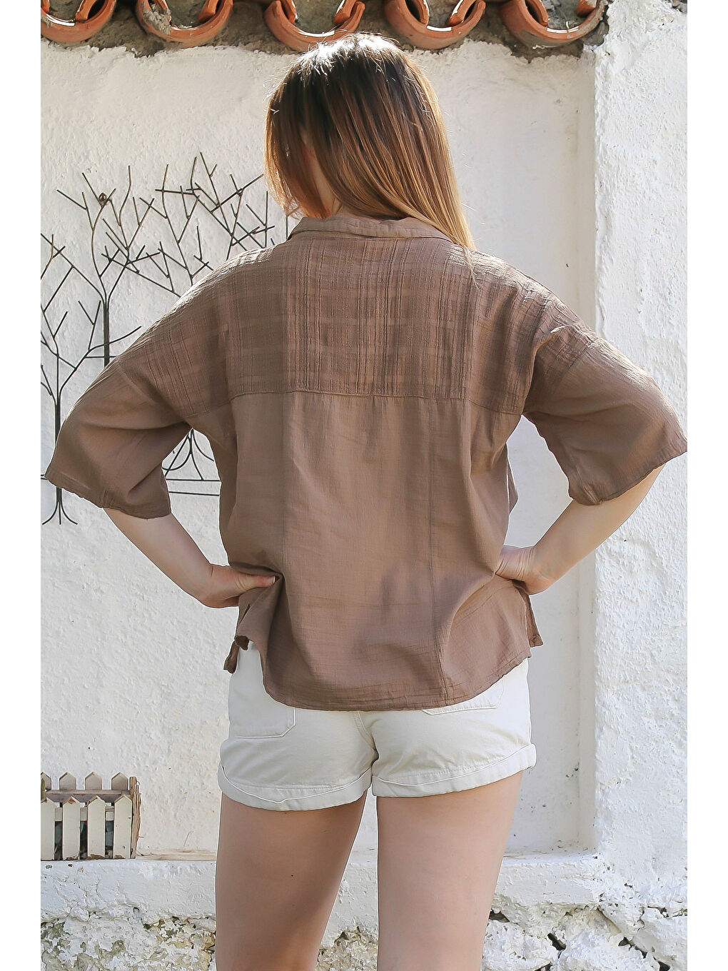 Kahverengi Açık Kahve Gömlek Yaka Kısa Kol Düğmeli Yıkamalı Yırtmaçlı Casual Dokuma Gömlek 66 60-6