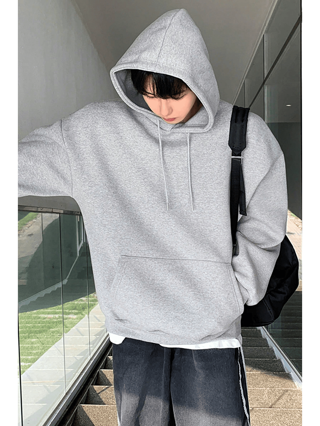 Gri Erkek Sweatshirt Kanguru Cepli İçi Polarlı 3 İplik Kapüşonlu Oversize Sweatshirt KANGU-4