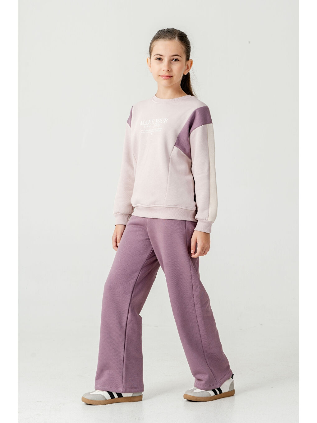Mor Kız Çocuk Make Your Baskılı 3 İplik Kalın Kışlık Eşofman Takımı Ak4227-2