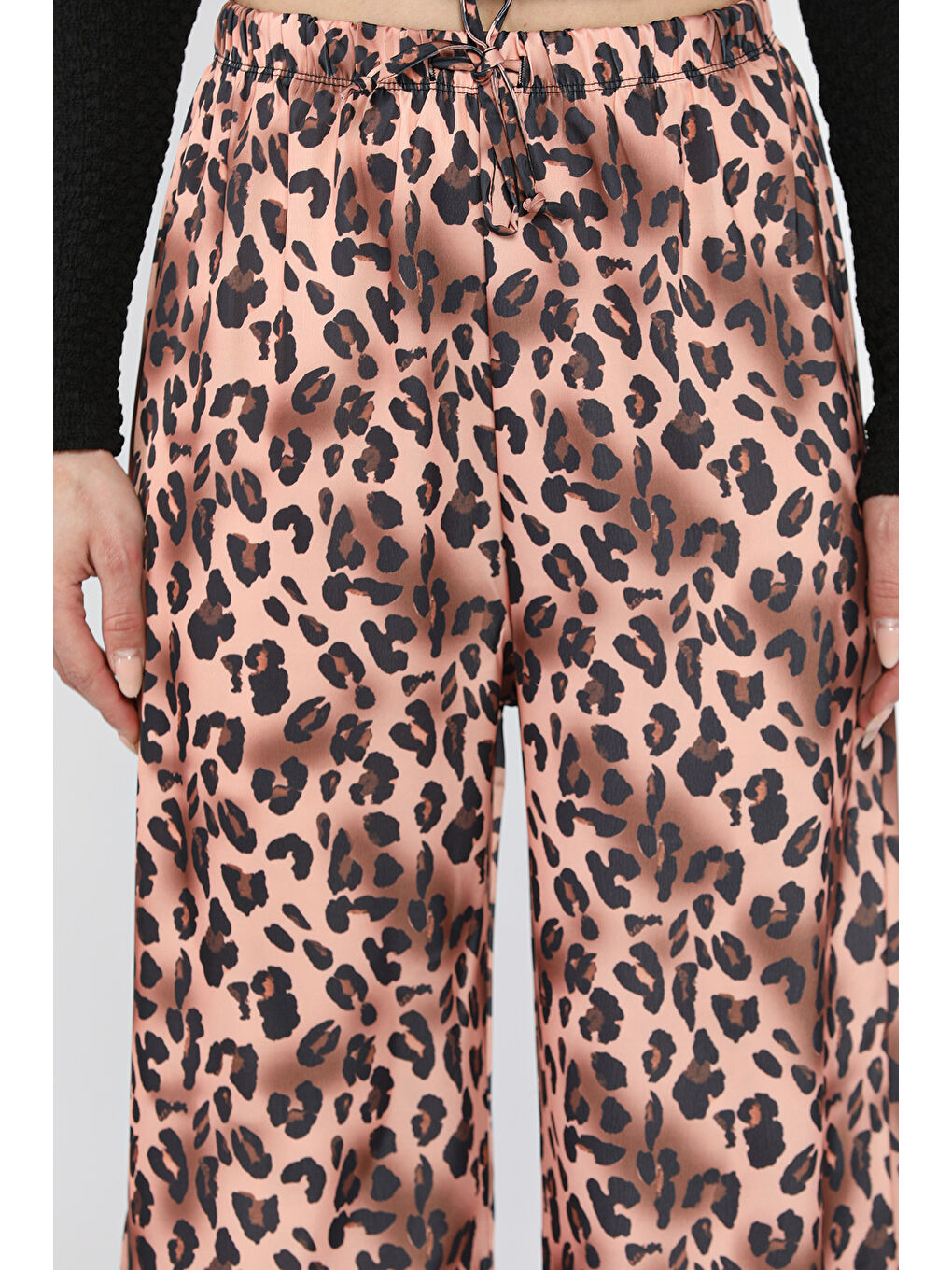 Pembe Kadın Bel Lastikli Yüksek Bel Leopar Desenli Bol Kesim Pantolon-2