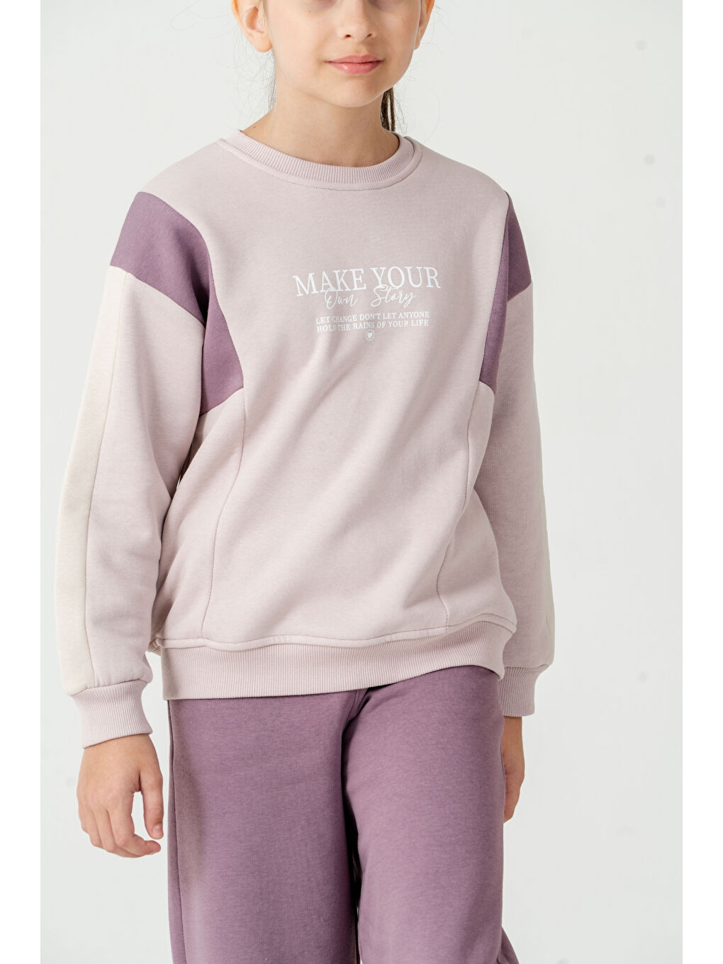 Mor Kız Çocuk Make Your Baskılı 3 İplik Kalın Kışlık Eşofman Takımı Ak4227-3