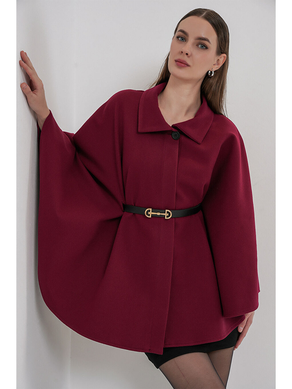 Kadın Kemerli Kaşe Panço 9170 - Bordo-4