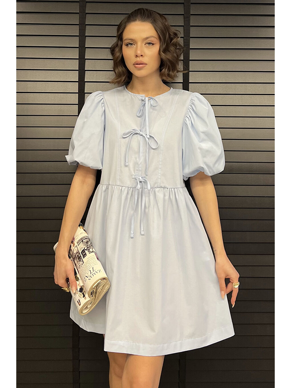 Mavi Kadın Ön Bağlamalı Prenses Kol Elbise