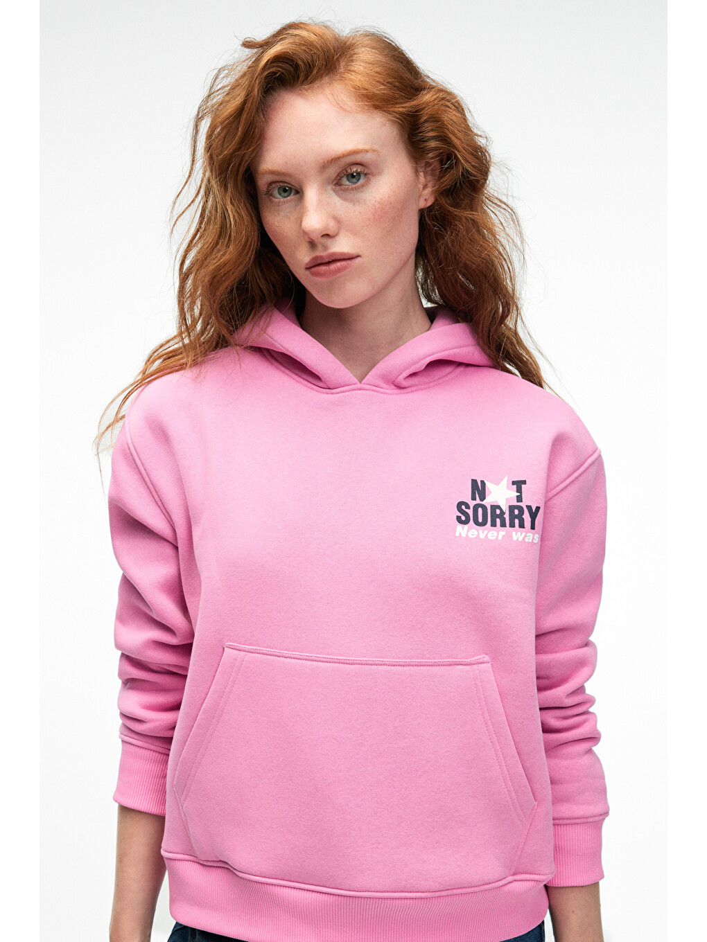 Yumea Kadın Oversize Kapüşonlu Baskılı Pembe Sweatshirt-5
