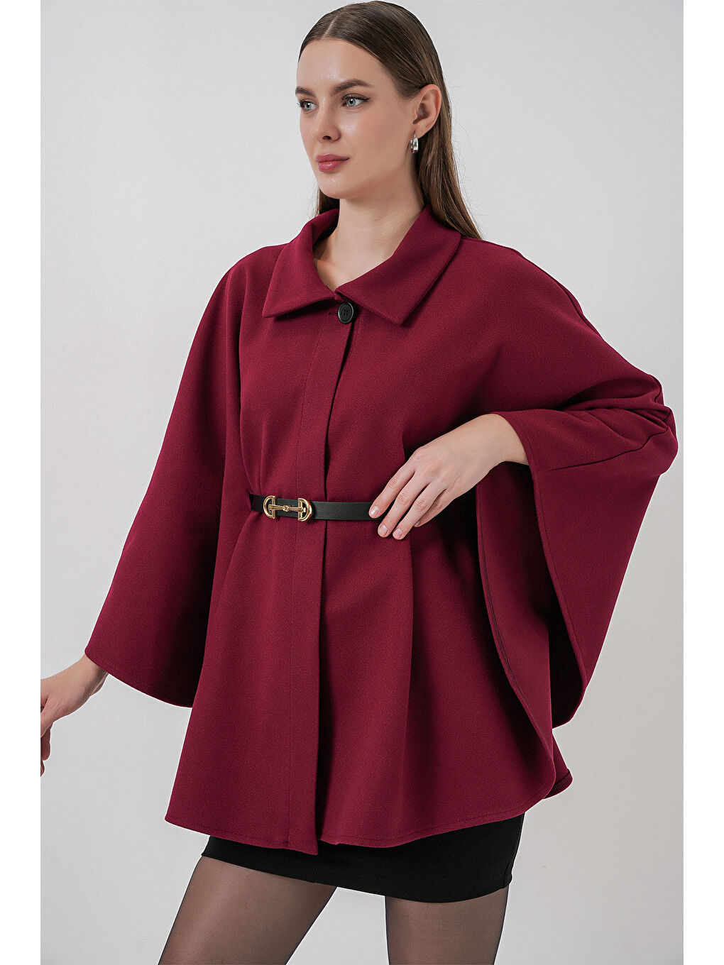 Kadın Kemerli Kaşe Panço 9170 - Bordo-5