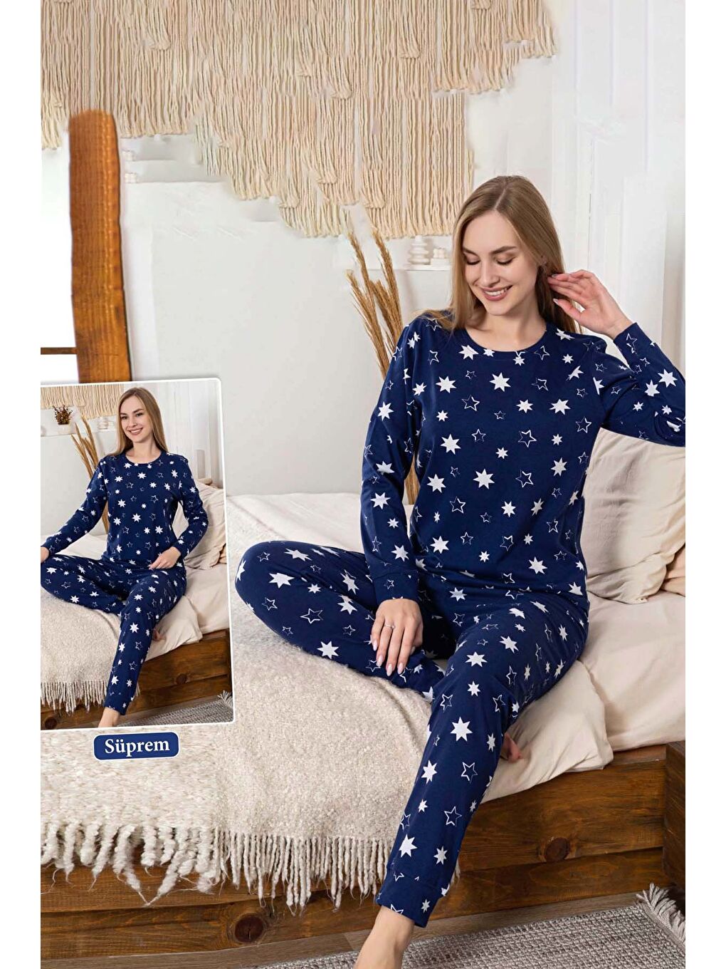 Kadın Yıldız Desen Suprem Pijama Takımı 0467 Lacivert-1