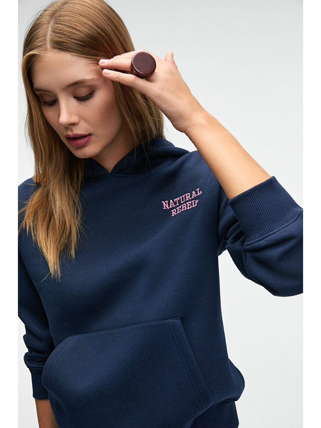 Yumea Kadın Oversize Kapüşonlu Baskılı Lacivert Sweatshirt-3