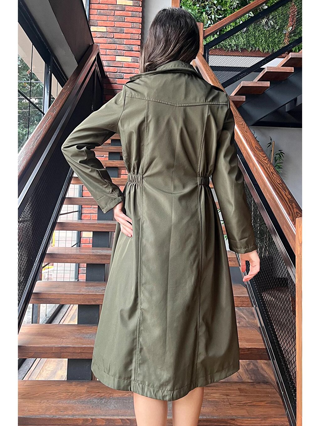 Haki Kadın Bel Bağcıklı Astarlı Slim Fit Uzun Trençkot-4
