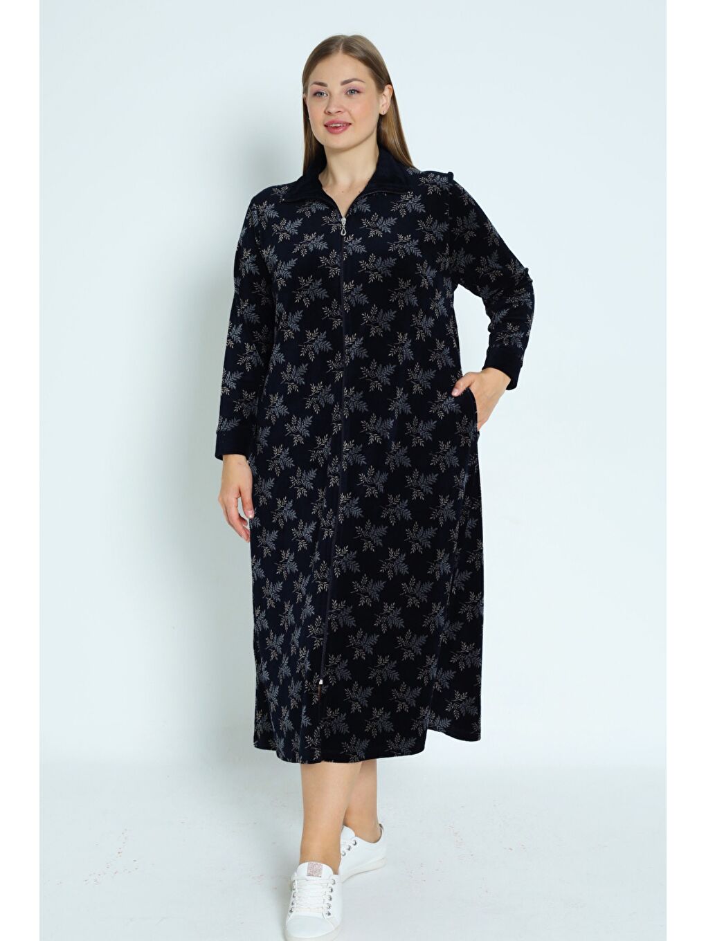 Desenli Lacivert Fermuarlı Uzun Kollu Pamuklu Kadife Uzun Kadın Büyük Beden Elbise