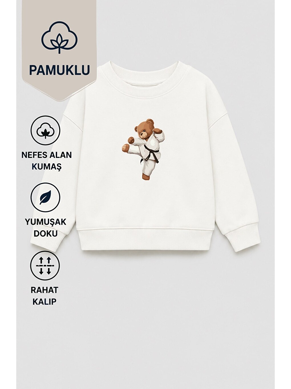 Ekru Erkek Çocuk Ayıcık Baskılı 3 İplik Kumaş Pamuklu Sweatshirt-1