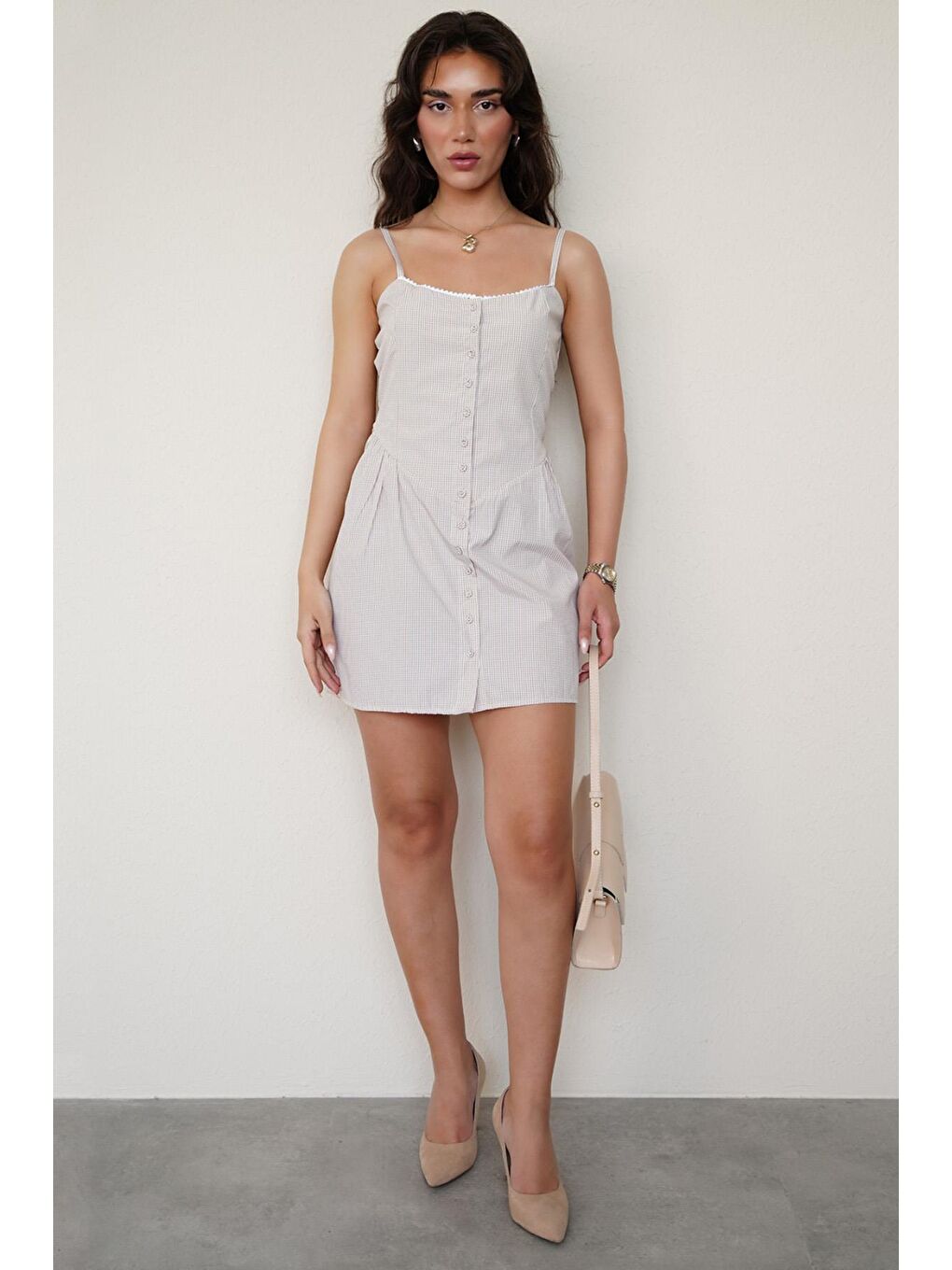 Bej Pötikareli Kadın Mini Elbise Mg2387-3