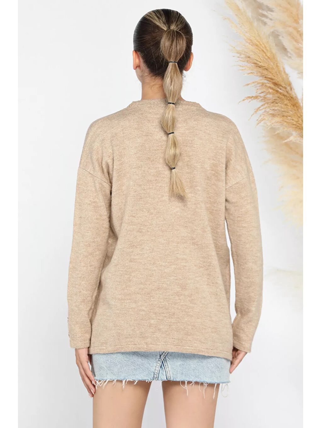 Bej Kadın Bisiklet Yaka Yan Düğme Detaylı Salaş Triko Kazak-5