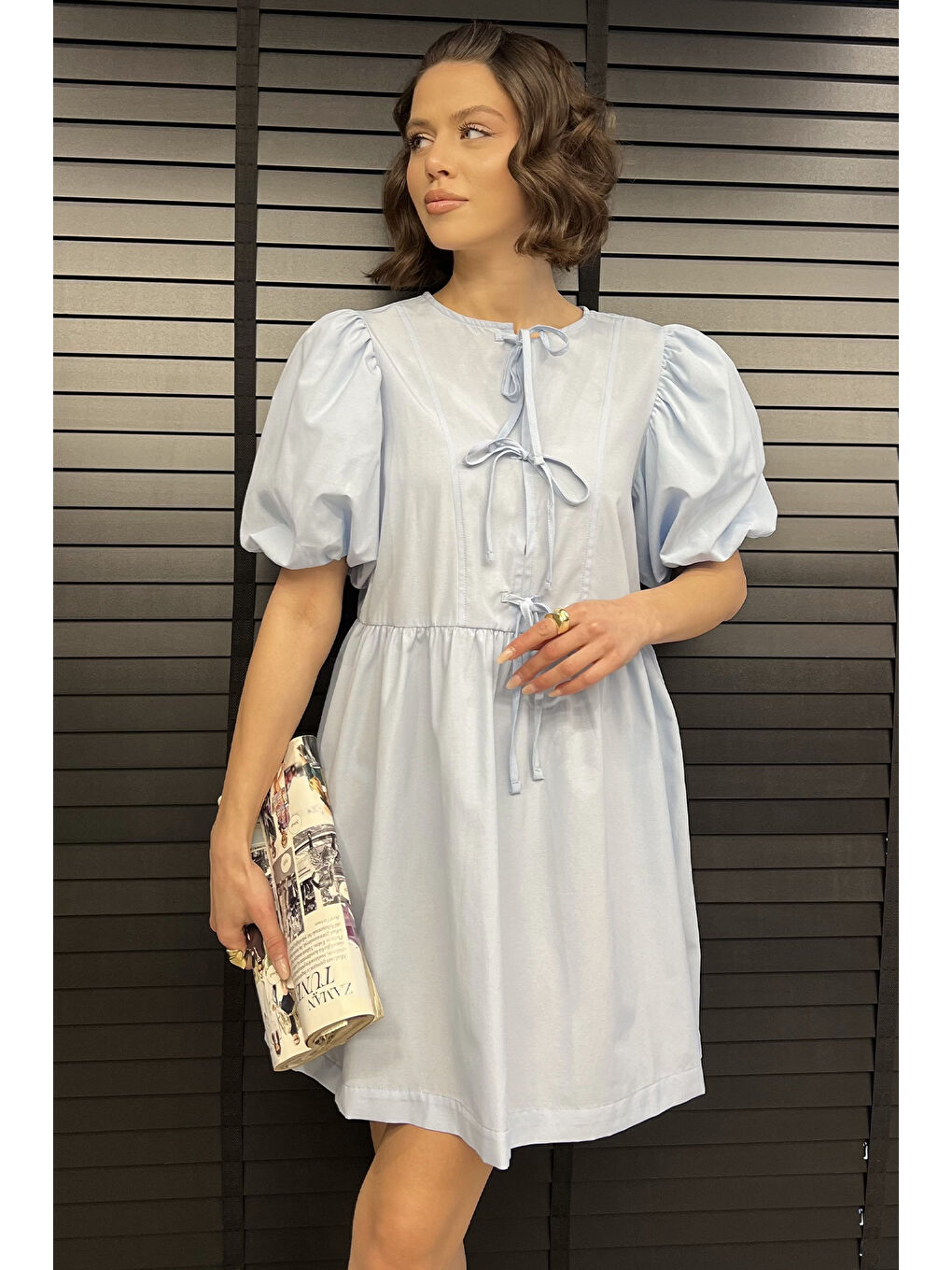 Mavi Kadın Ön Bağlamalı Prenses Kol Elbise-1