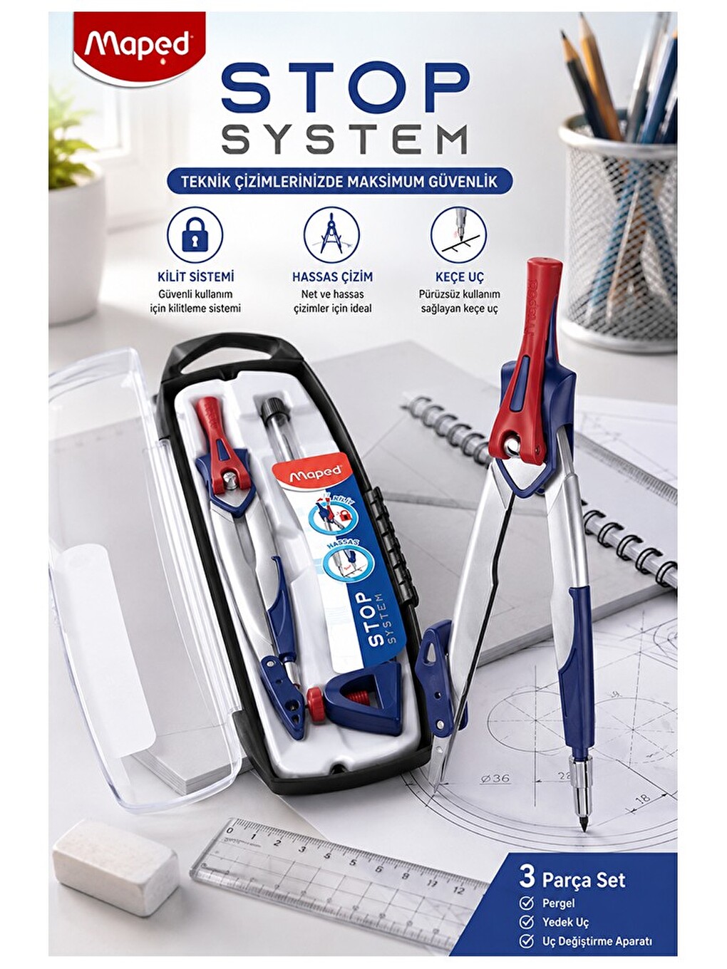 Metal Pergel Seti 1 Adet 196100 Stop System Profesyonel Pergel Çizim Proje Matematik Geometri