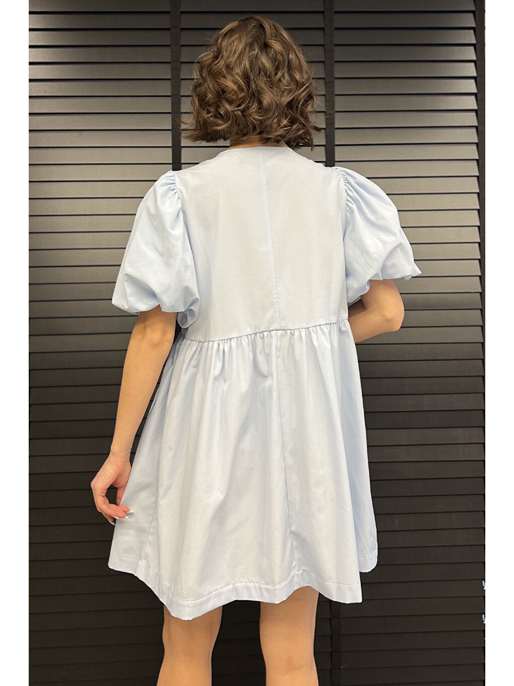 Mavi Kadın Ön Bağlamalı Prenses Kol Elbise-2