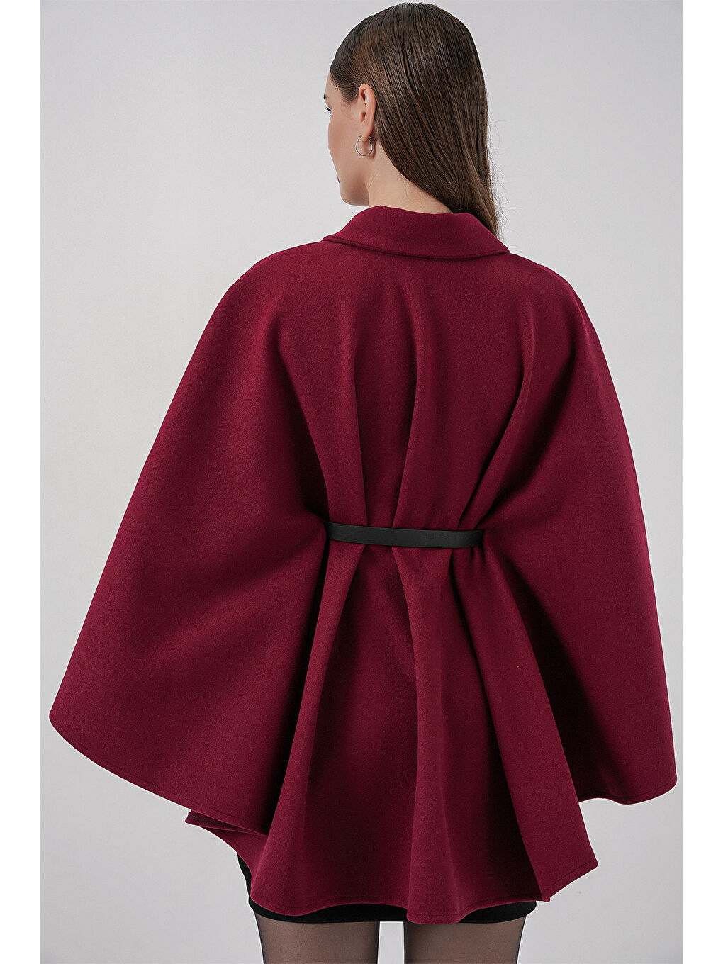 Kadın Kemerli Kaşe Panço 9170 - Bordo-7