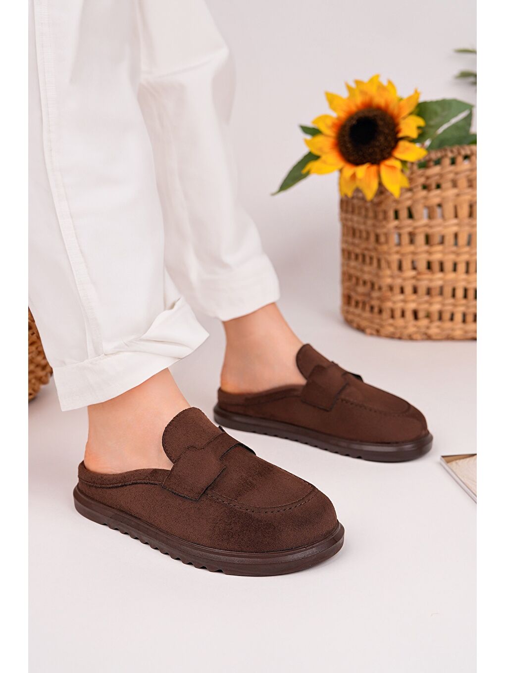 Kahverengi VİNTAGE Süet Deri Günlük Rahat Önü Kapalı Kadın Loafer Terlik-4