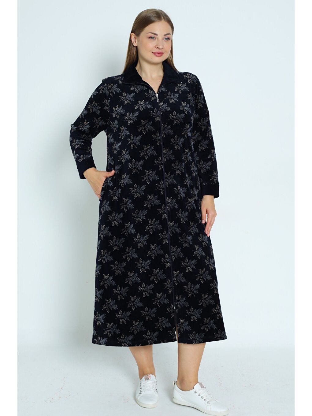 Desenli Lacivert Fermuarlı Uzun Kollu Pamuklu Kadife Uzun Kadın Büyük Beden Elbise-1