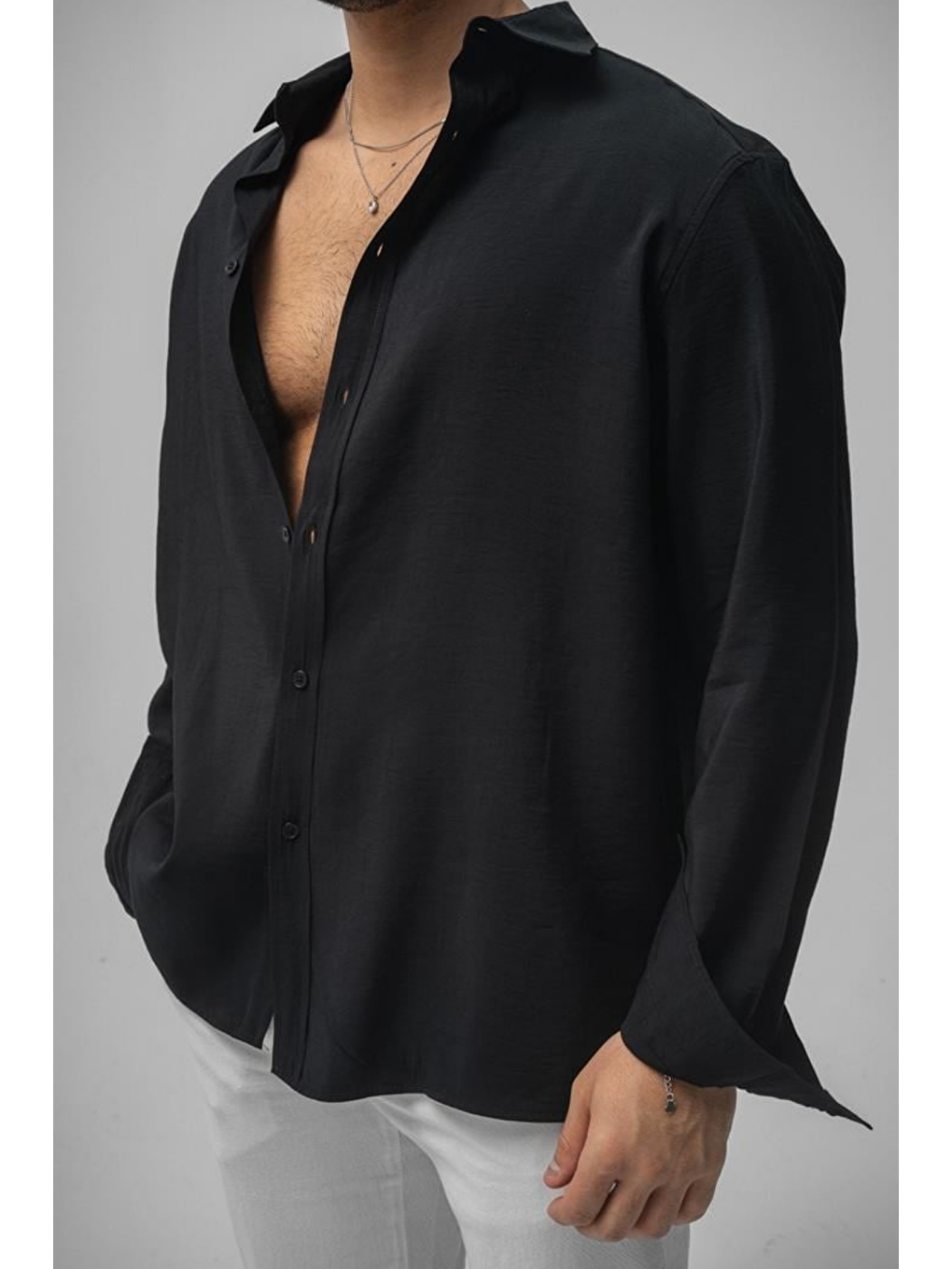 Erkek Siyah Düz Keten Oversize Gömlek