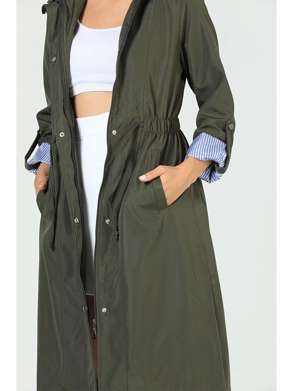 Haki Kadın Bel Bağcıklı Astarlı Slim Fit Uzun Trençkot-5