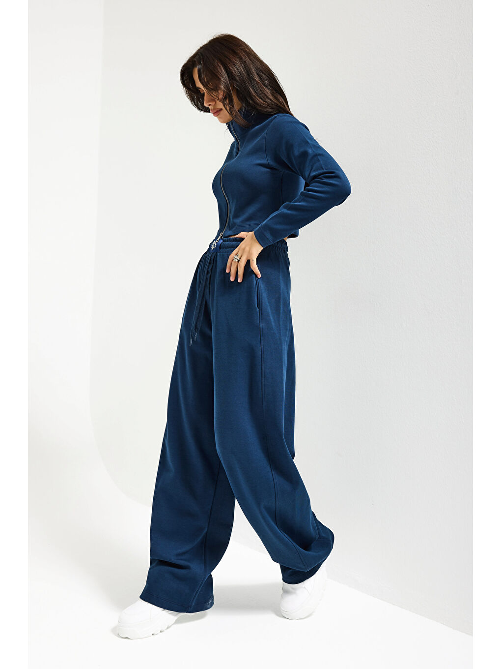 Kadın Lacivert Renk w5-56 Örme Kumaş Eşofman ve Fermuarlı Sweatshirt Alt Üst 2'li Kombin Takım-3